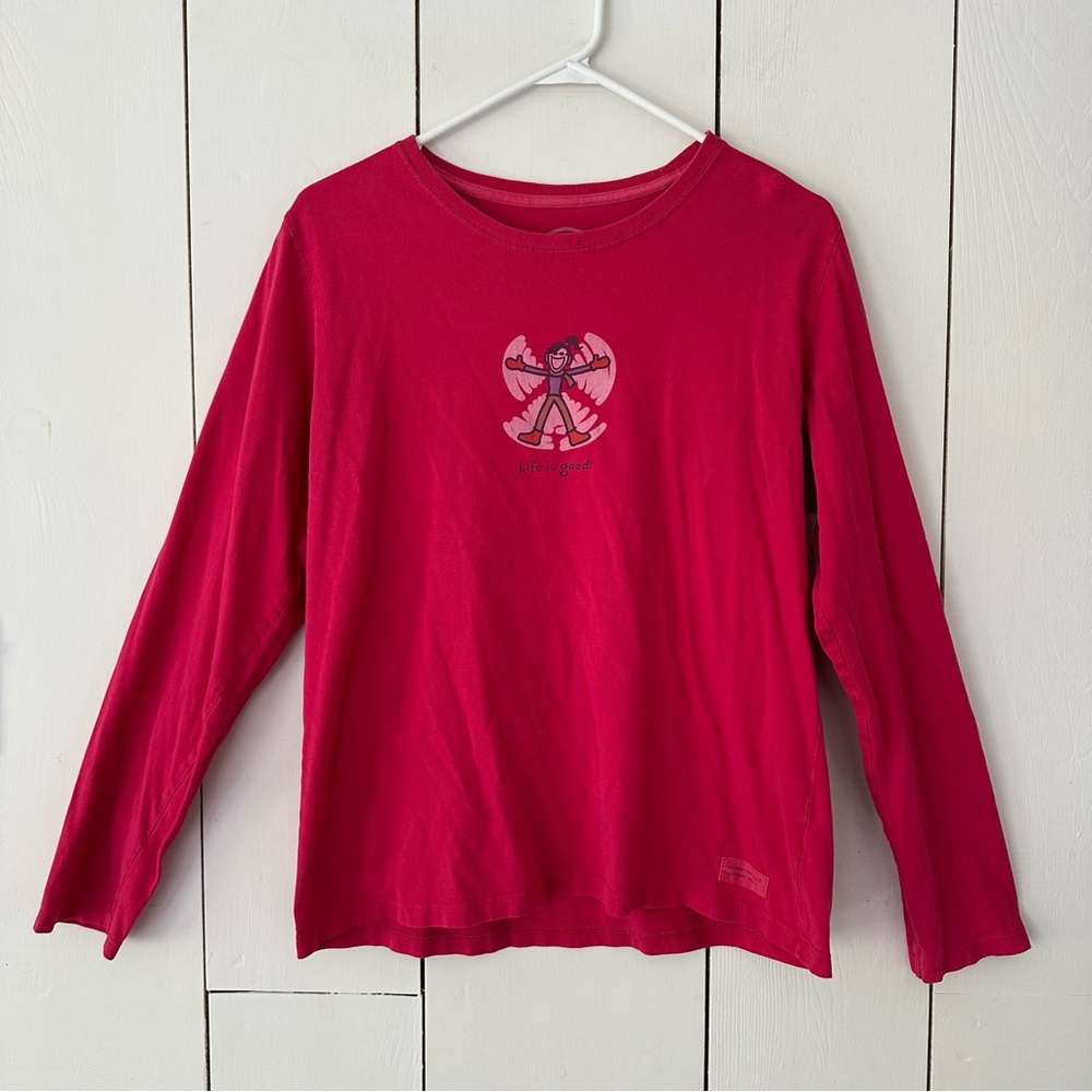 Life is Good Long Sleeve Snow Angel Graphic Top M Pink Relaxed Fit Cotton